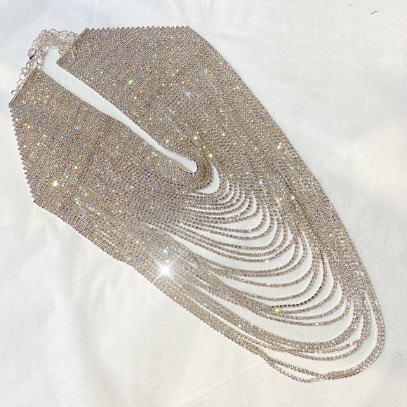 Silver -Tone Rhinestone Pave Waterfall Bib Necklace Multi Strand Chain Collar - Picture 10 of 10